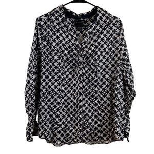 Lane Bryant Women's 16 Black White Button Down Long Sleeve Blouse